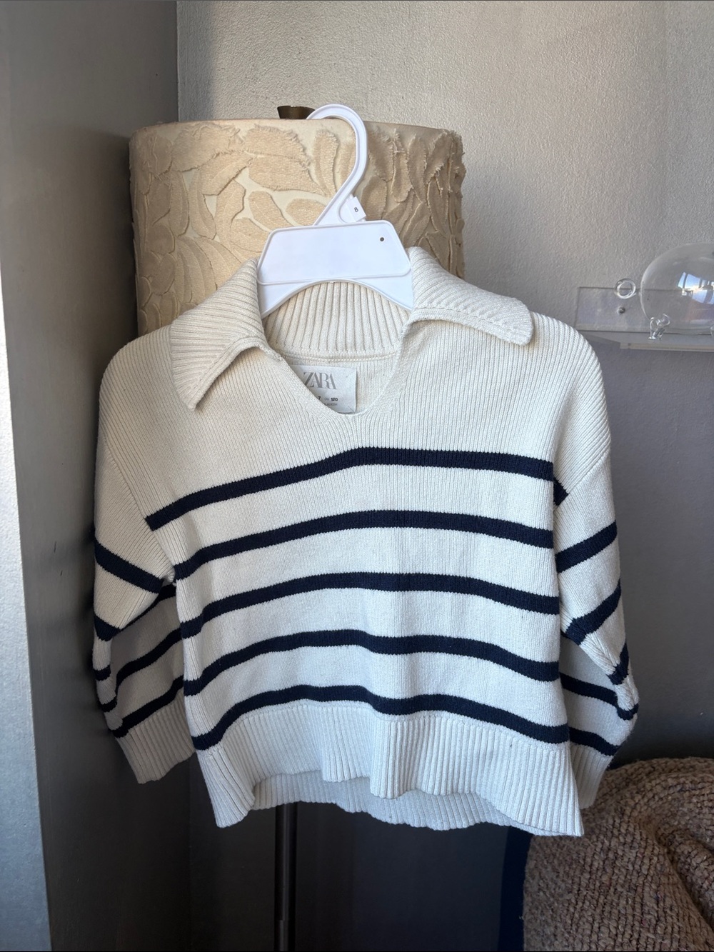 Zara Cream Sweater with Navy Stripes and Collared V-Neck
